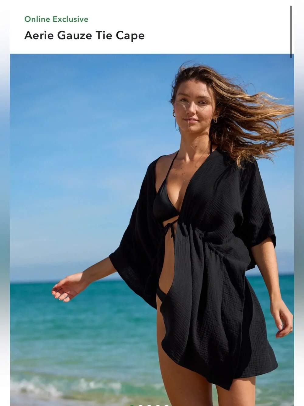 Aerie Black Cotton Gauze Tie Front Beach Cover Up Cape XS/S - Picture 1 of 13